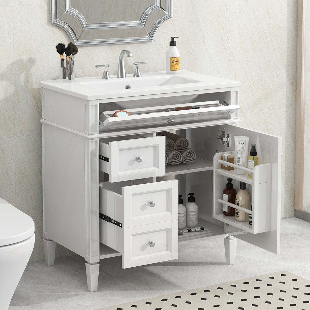 Bathroom Vanity With Top Sink, Modern Bathroom Storage Cabinet With 2 Drawers And A Tip-Out Drawer