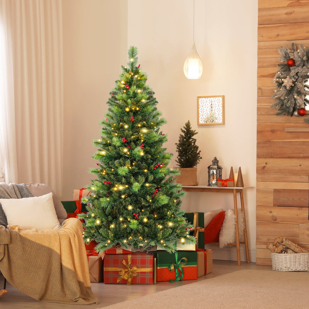 6/7/8 Feet Pre-Lit Artificial Christmas Tree with 300/400/500 LED Lights