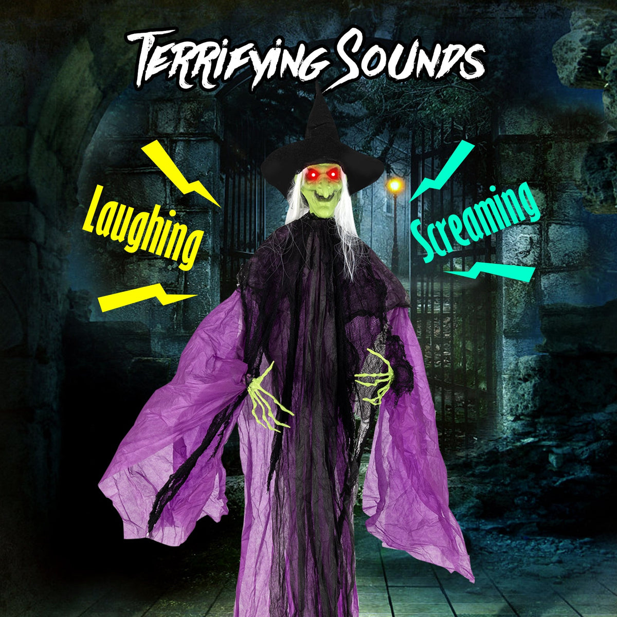 7.2 ft Halloween Standing Witch with Lighted Eyes and Automatic Arm Movement