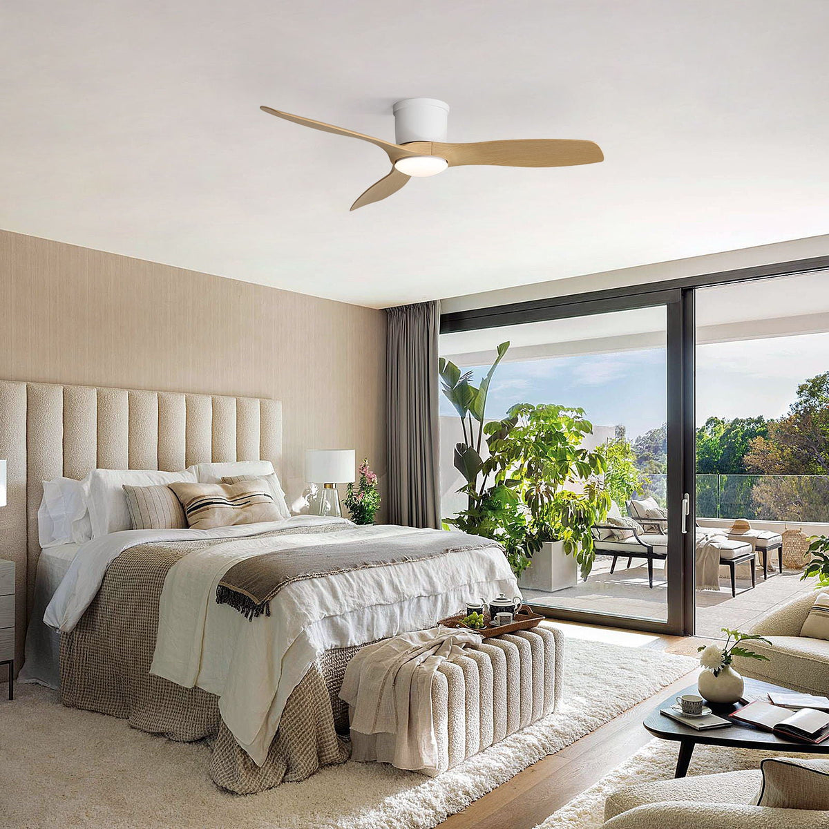 Flush Mount Ceiling Fan With Dimmable LED Light, 3 Blades, Reversible DC Motor Blades For Living Room