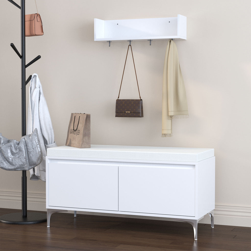 Wall Mounted Entryway Shelf With Hooks And Storage Bench Set - Off White
