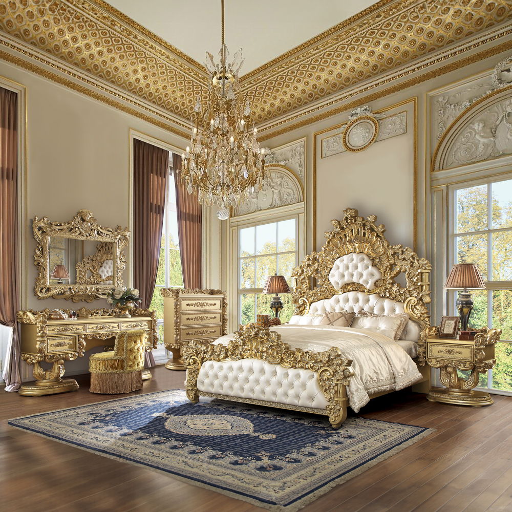 Bernadette - Eastern King Bed - White Synthetic Leather Fabric & Gold