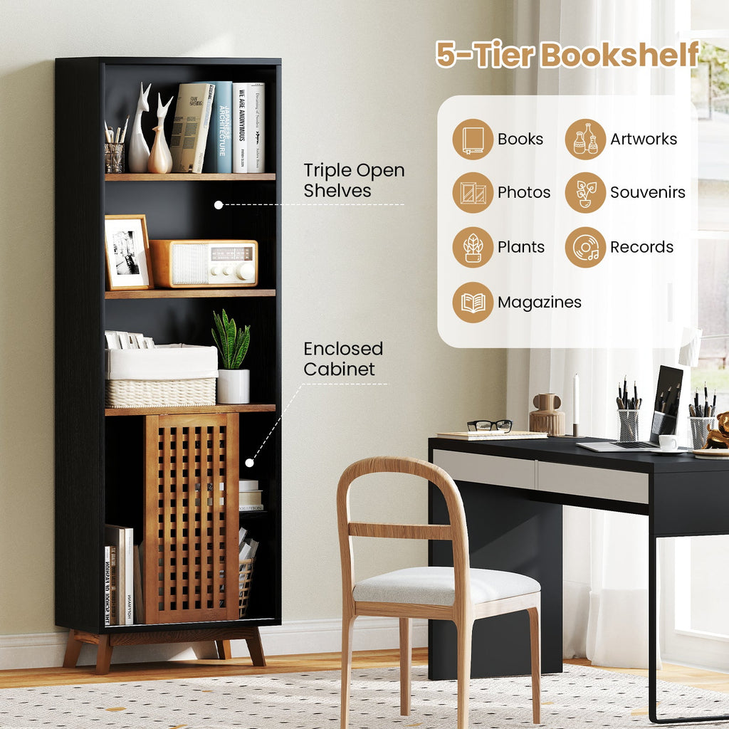 70 Inch 5-Tier Bookshelf with Reversible Adjustable Shelf-Black