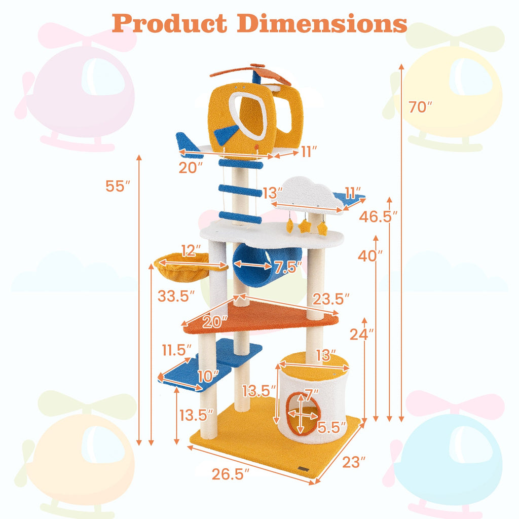 70 Inch Tall Aviation-themed Cat Tree with Helicopter Top Perch and Platforms-Yellow