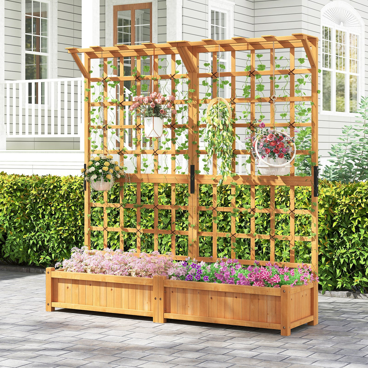 71 Inches Large Wooden Planter Container with Trellis and Hanging Roof-Orange