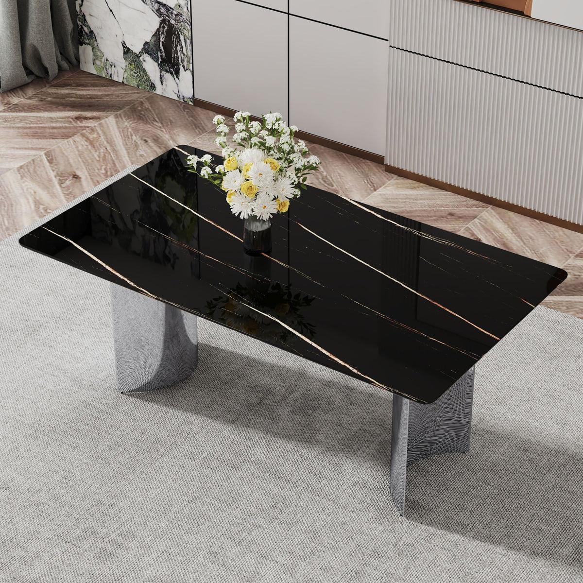 Modern Minimalist Dining Table With Marble Glass Top