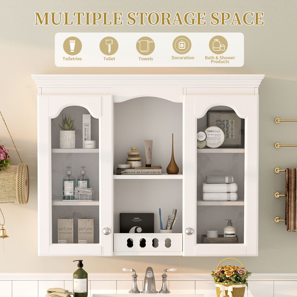 Wall-Mounted Medicine Cabinet With 2 Glass Doors, Adjustable Shelves - White