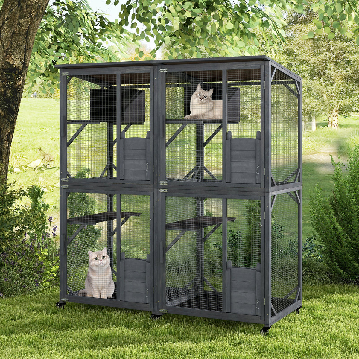 72 Inch Large Wooden Cat House Catio Kitten Enclosure on Wheels with Weatherproof Asphalt Roof-Gray