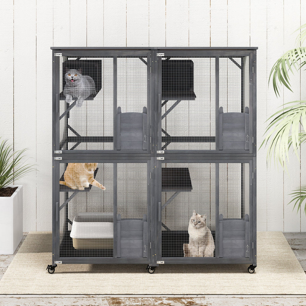 72 Inch Large Wooden Cat House Catio Kitten Enclosure on Wheels with Weatherproof Asphalt Roof-Gray