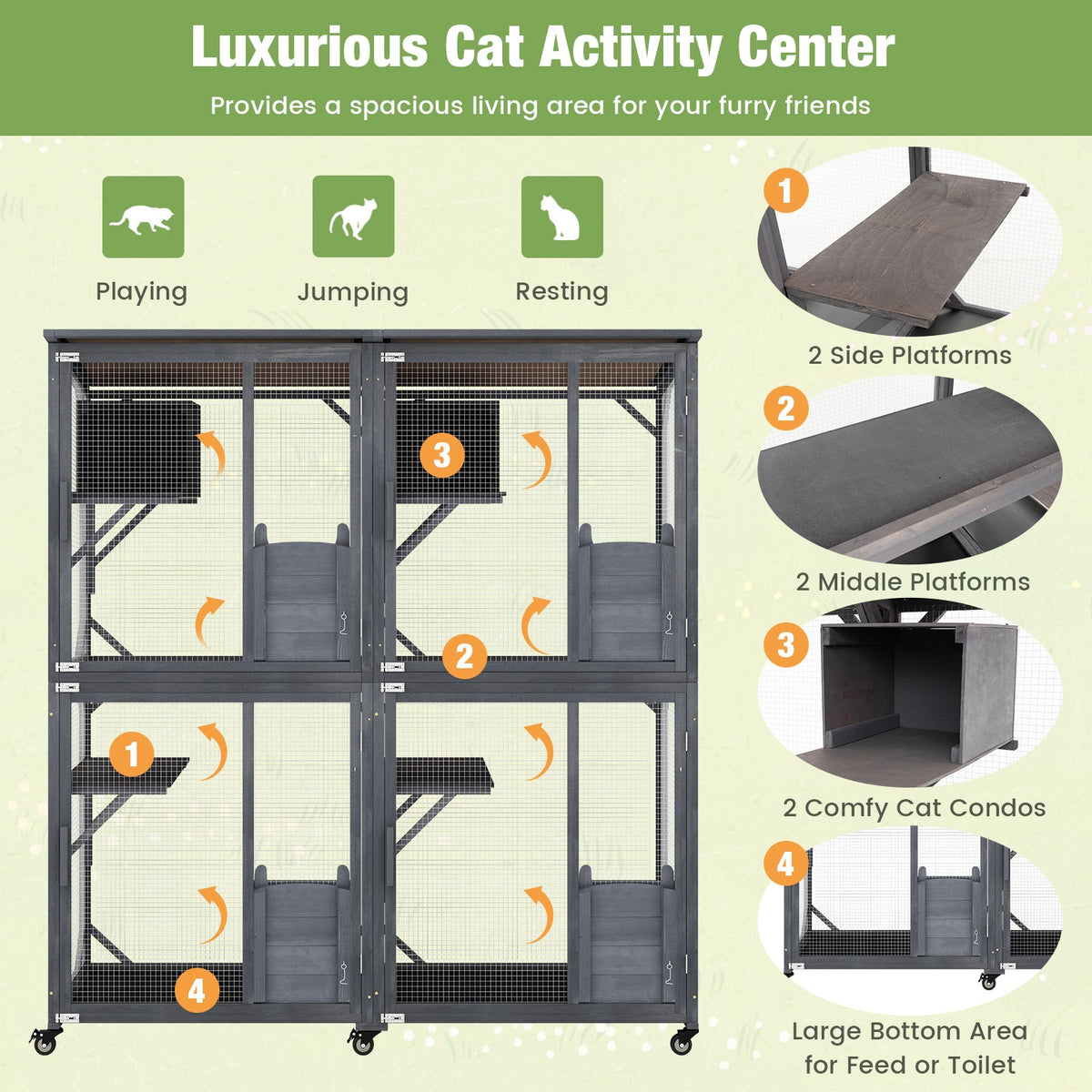 72 Inch Large Wooden Cat House Catio Kitten Enclosure on Wheels with Weatherproof Asphalt Roof-Gray