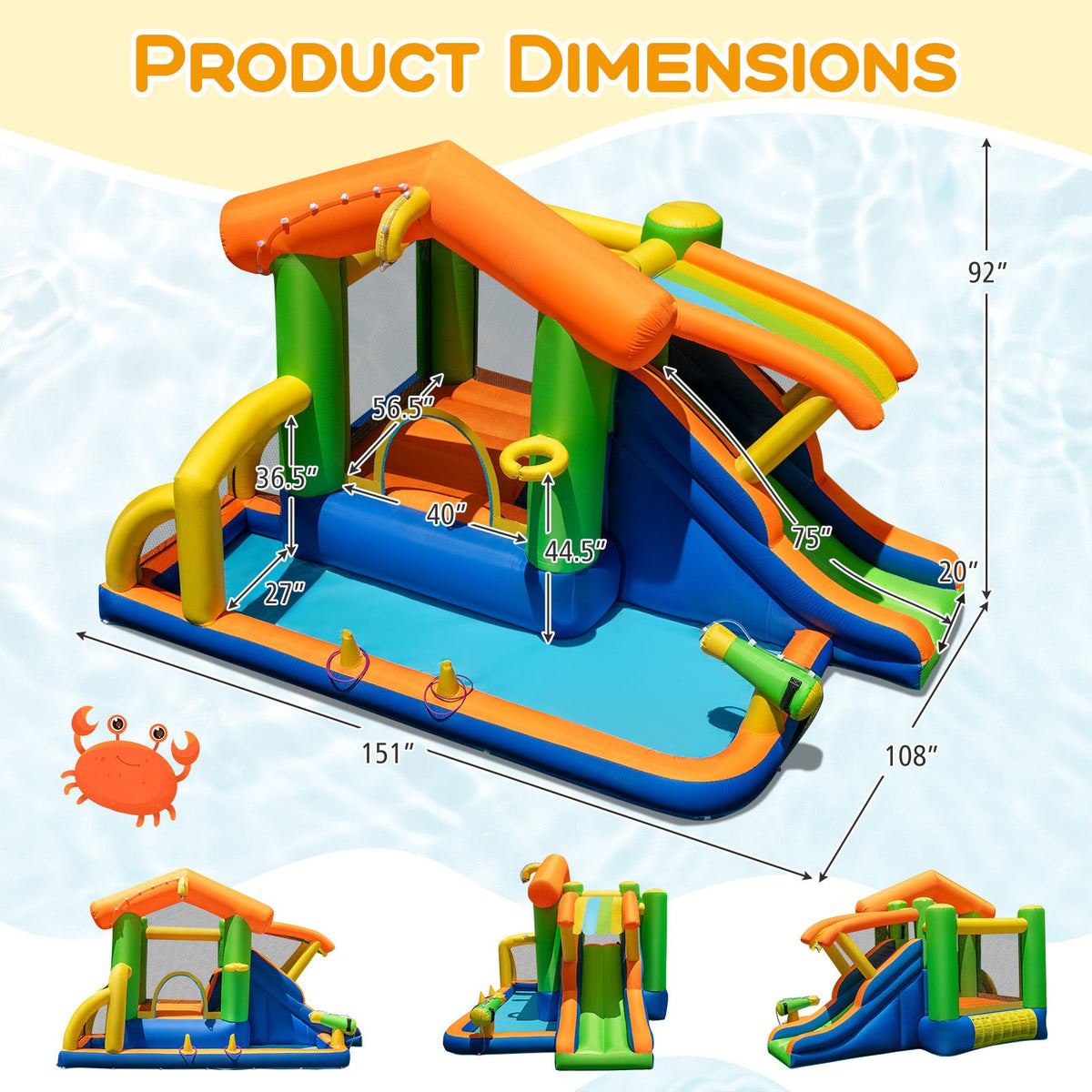 8-in-1 Jumping Castle with Slide and 480W Blower
