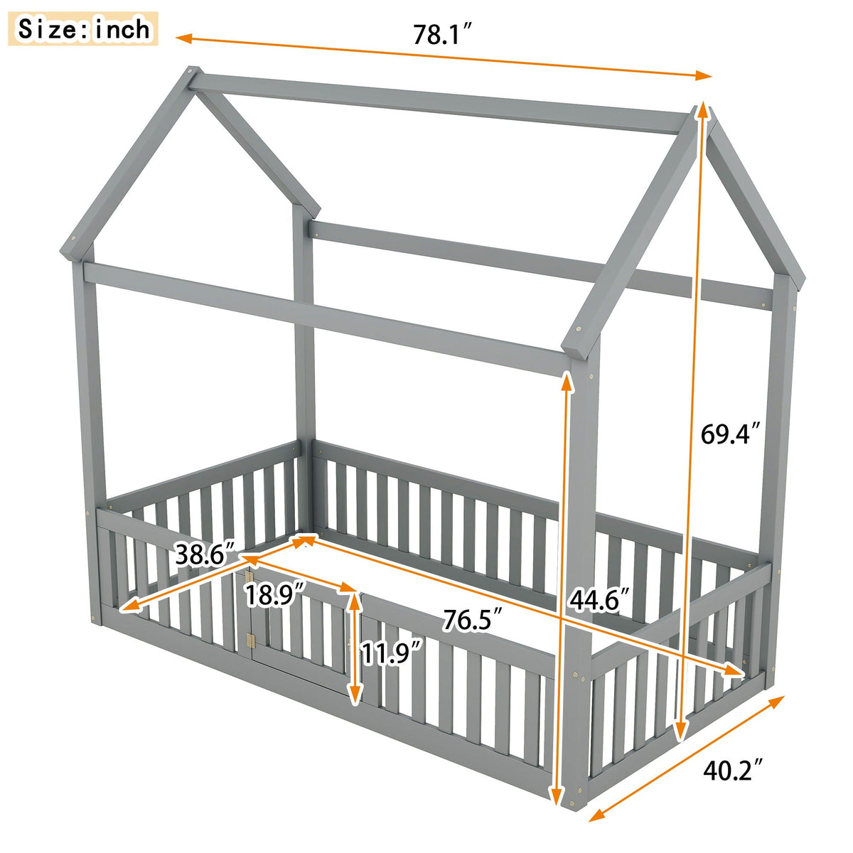 Wood House Bed With Fence And Door