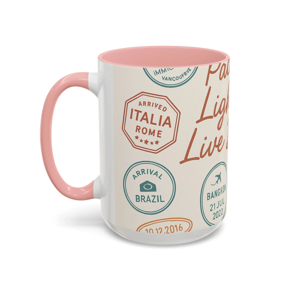 Pack Light, Live Big – Wanderlust Mug with Passport Stamp Collection
