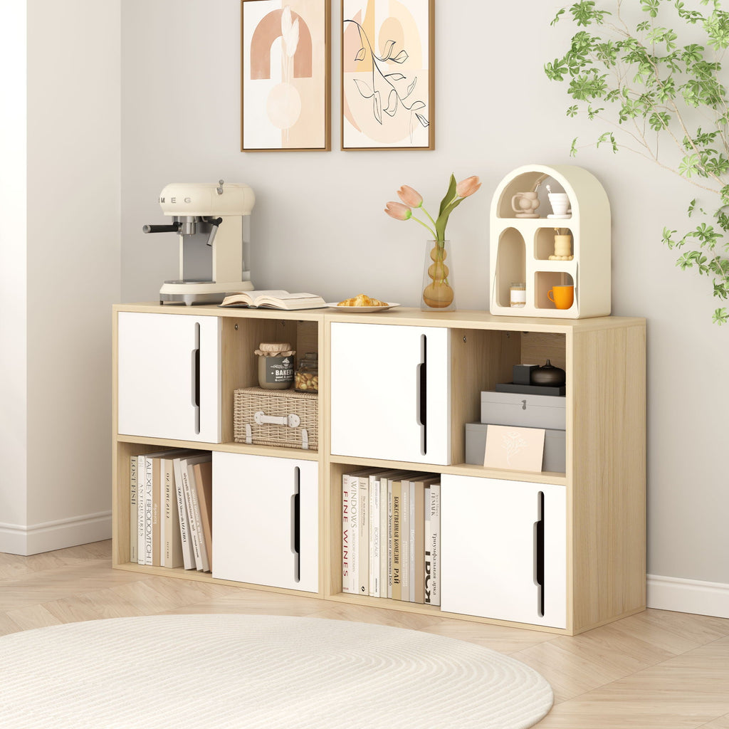 Storage Cabinet With Sliding Doors, 2 Tier Open And Closed Shelves Organizer - Natural / White