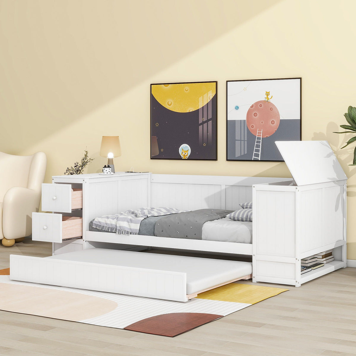 Daybed With Storage Arms, Trundle And Charging Station