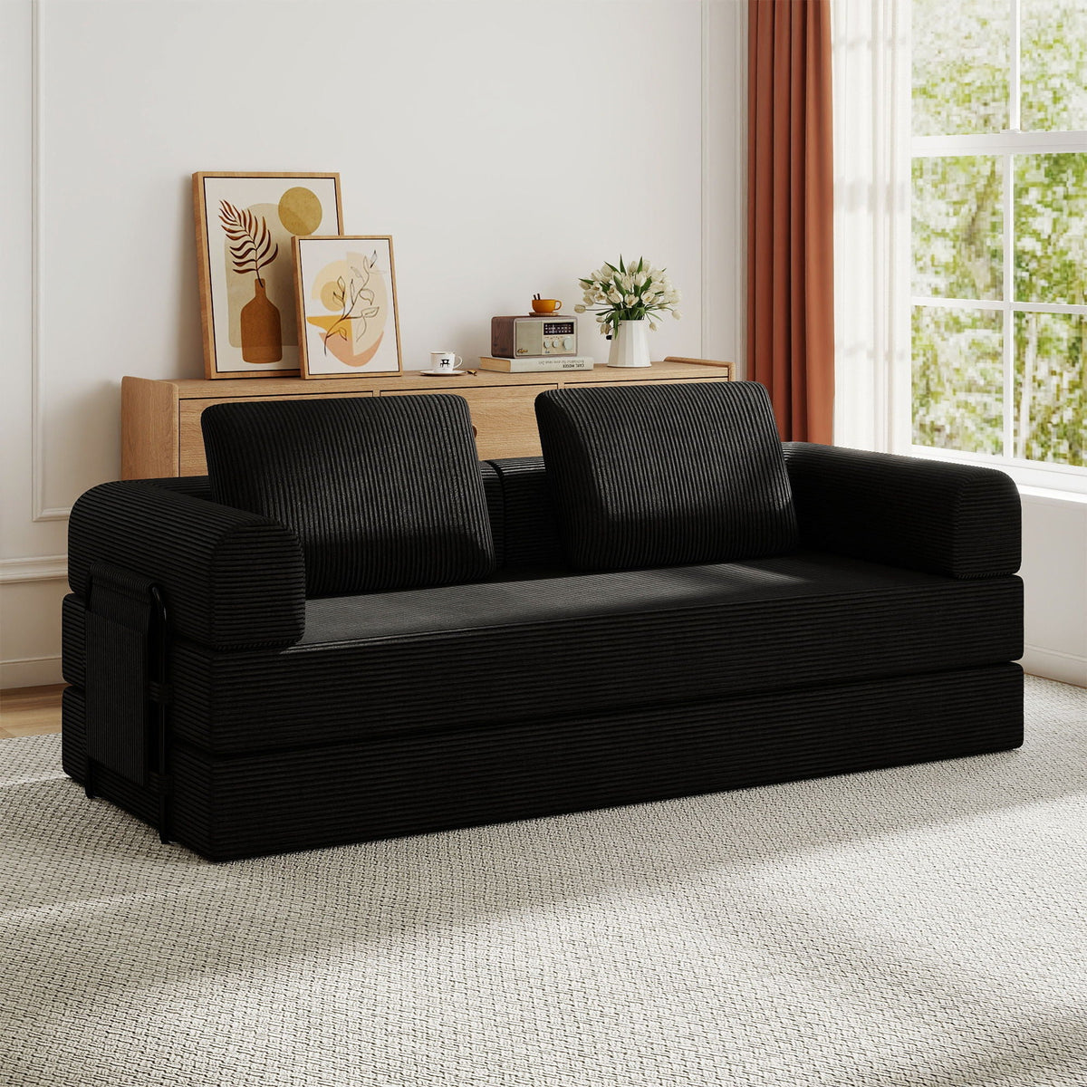 Convertible Sleeper Sofa Bed With Cylindrical Pillow, Fixed Shape Frame