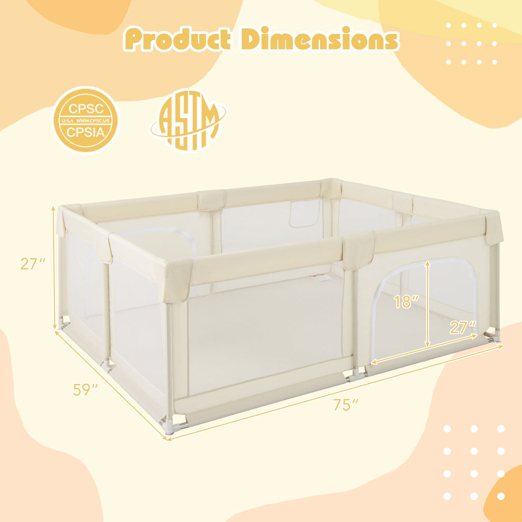 75 x 59 Inch Large Baby Playpen with Breathable Mesh and Zipper Doors-Beige