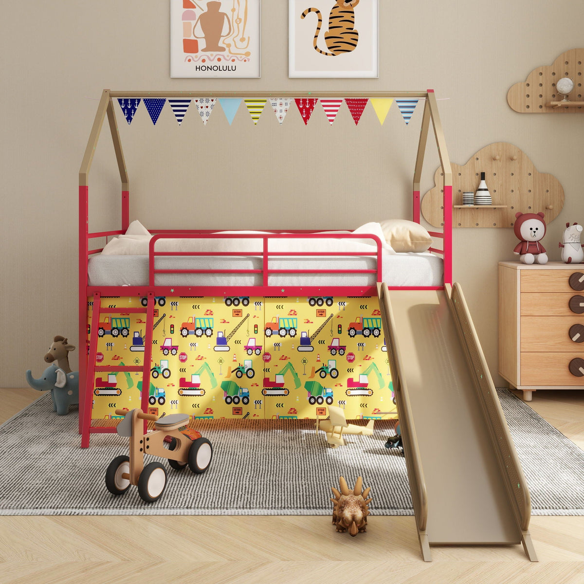 Jack - House Loft Bed With Slide And Curtain Set