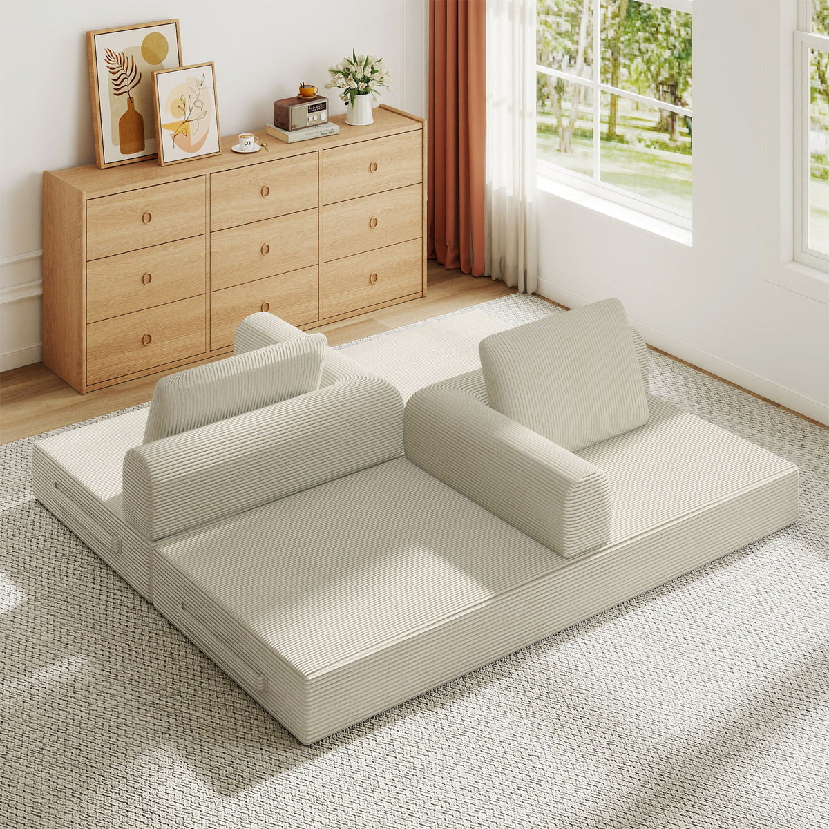 Convertible Sleeper Sofa Bed With Cylindrical Pillow, Fixed Shape Frame