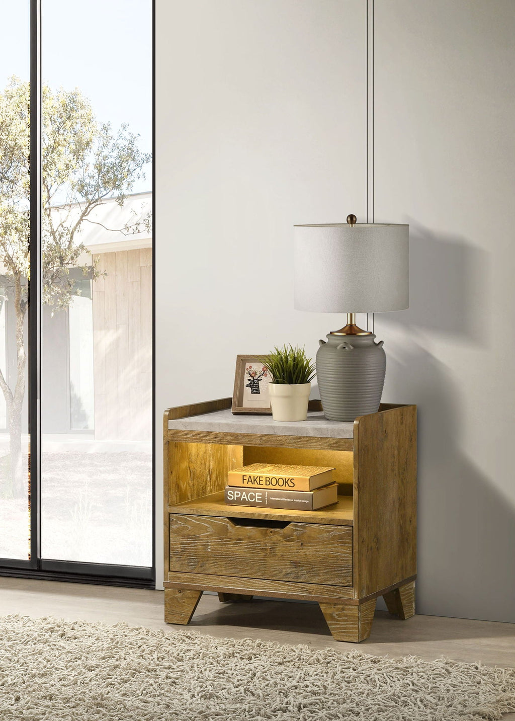 Henderson 1-drawer LED Nightstand Bedside Table Medium Oak