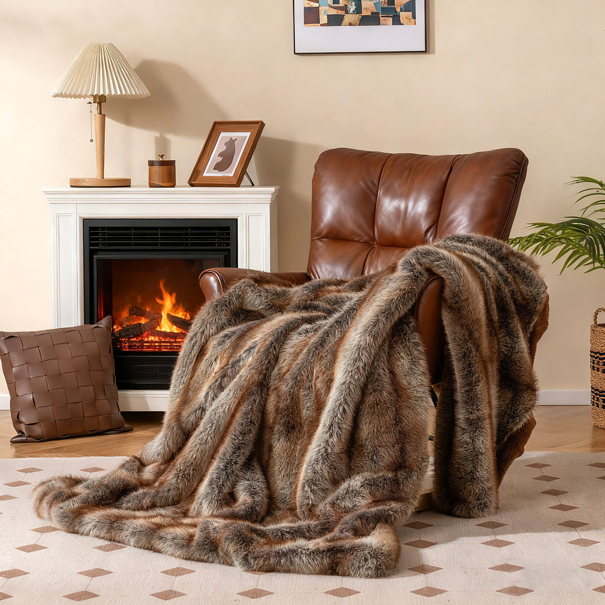 780GSM Soft Plush Fuzzy Luxury Faux Fox Fur Blanket for Sofa-Brown