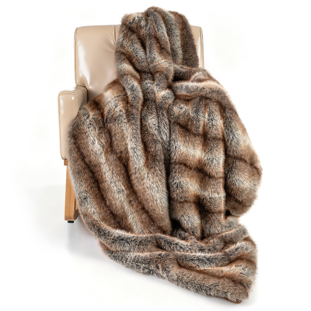 780GSM Soft Plush Fuzzy Luxury Faux Fox Fur Blanket for Sofa-Brown