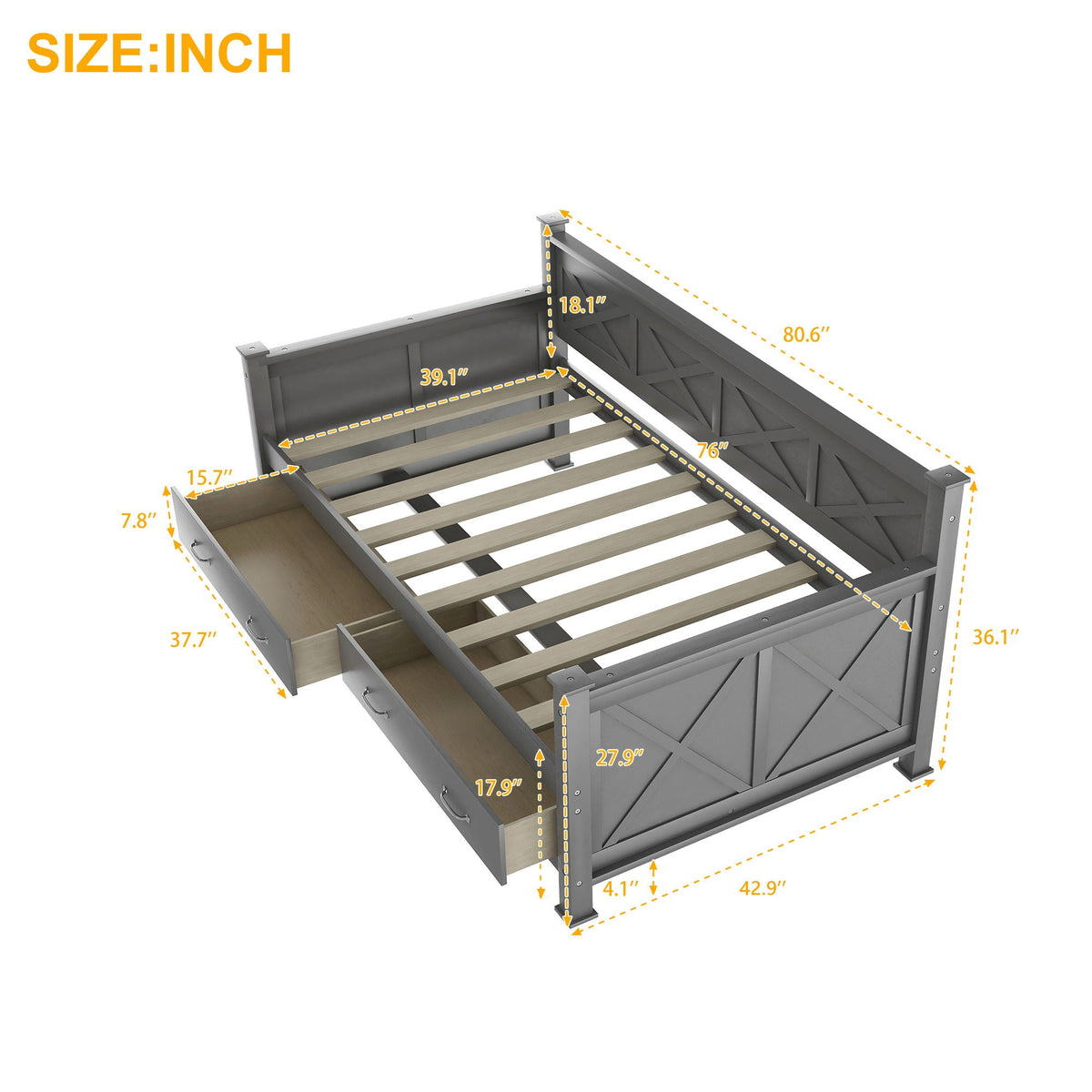 Modern Daybed With 2 Large Drawers, X Shaped Frame