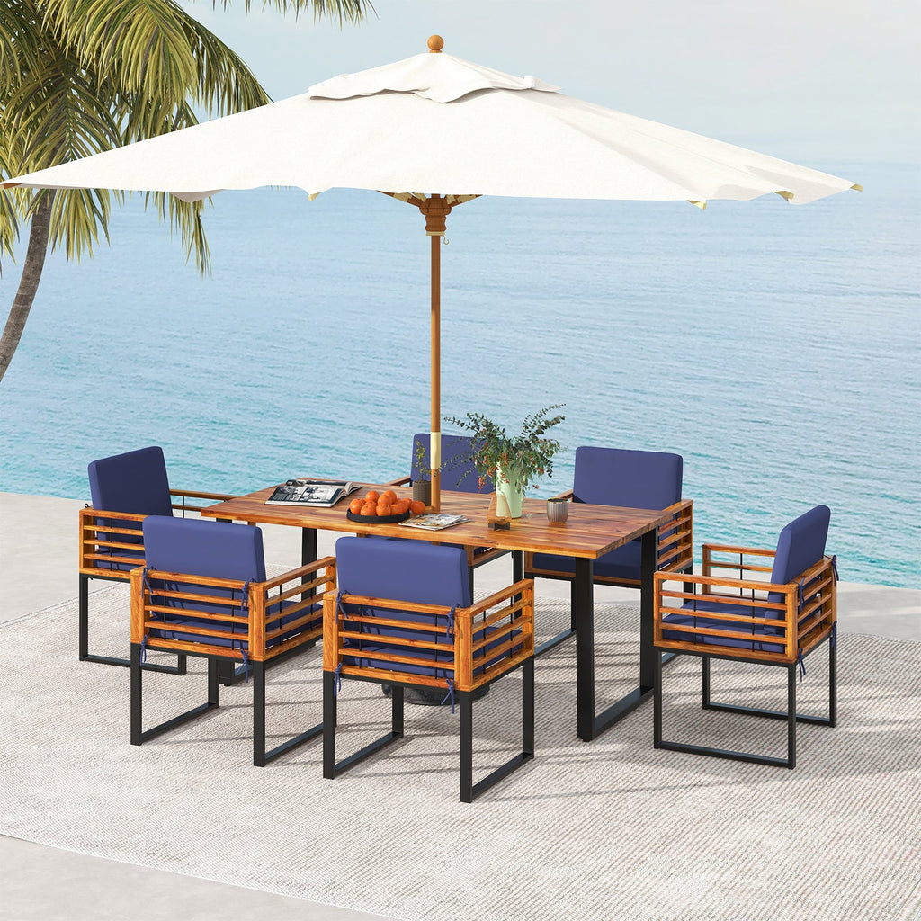 7 Pieces Patio Acacia Wood Dining Chair and Table Set for Backyard and Poolside-Navy