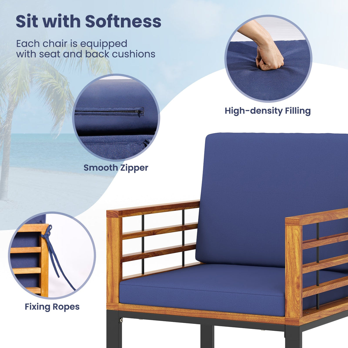 7 Pieces Patio Acacia Wood Dining Chair and Table Set for Backyard and Poolside-Navy