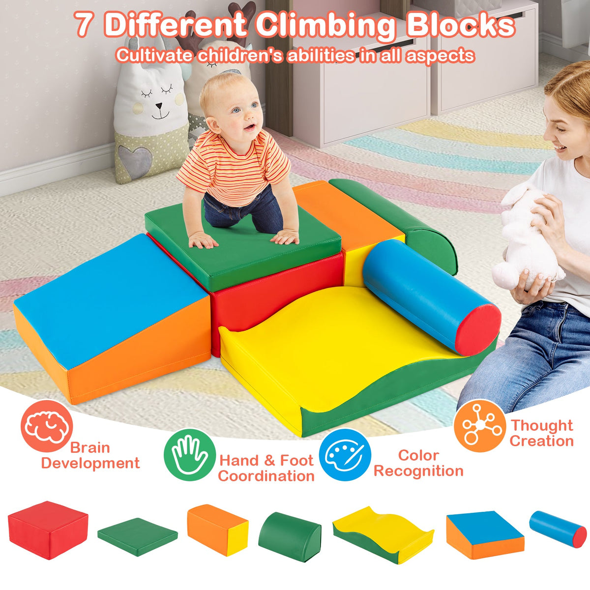 7 Pieces Toddlers Climbing Toys with EPE Foam and Removable PU Leather