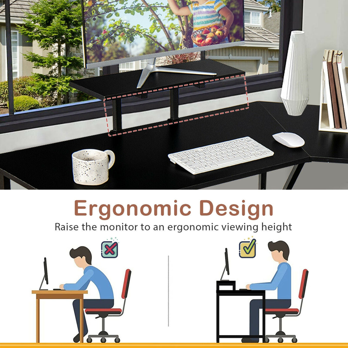 88.5 Inch L Shaped Reversible Computer Desk Table with Monitor Stand