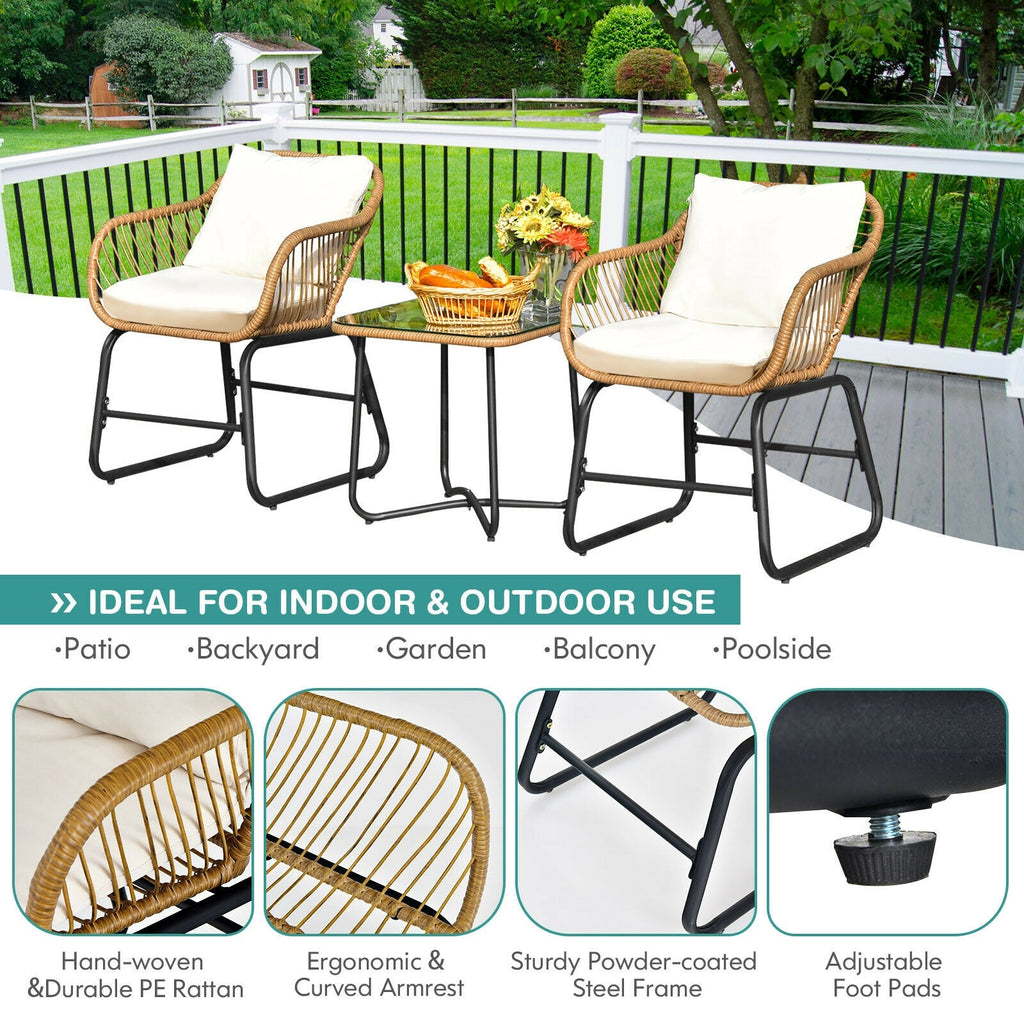 3-Piece Patio Bistro Set with 2 Rattan Chairs and Square Glass Coffee Table-White