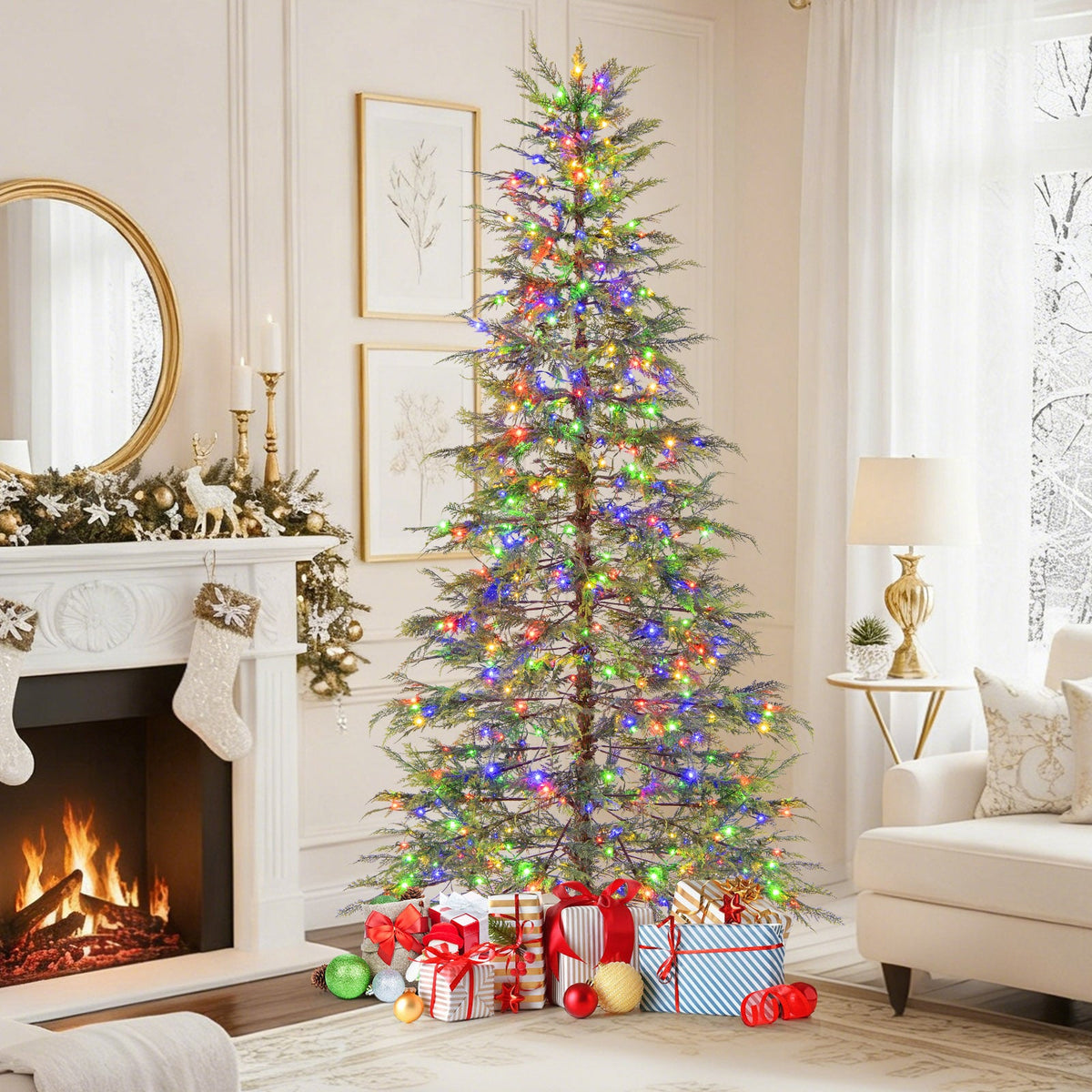 7.5 Feet Artificial Christmas Tree with Branch Tips and Colorful LED Lights