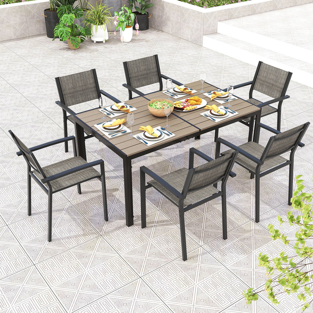 7 Piece Outdoor Dining Set with 6 Stackable Chairs and Large Rectangle Table-Gray