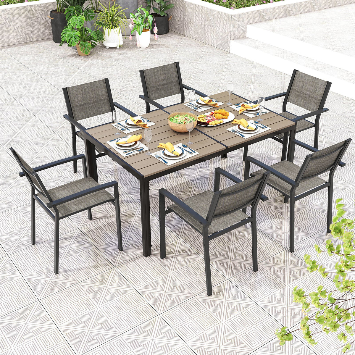 7 Piece Outdoor Dining Set with 6 Stackable Chairs and Large Rectangle Table-Gray