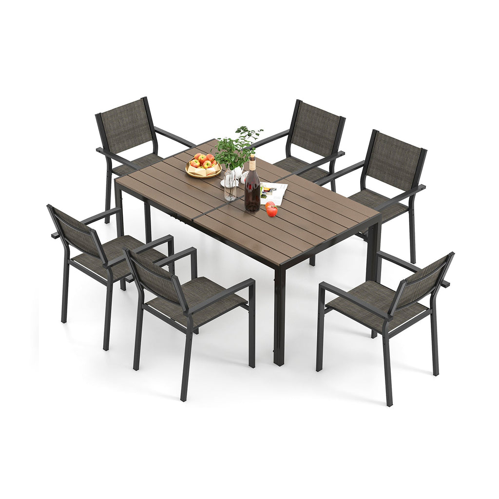 7 Piece Outdoor Dining Set with 6 Stackable Chairs and Large Rectangle Table-Gray