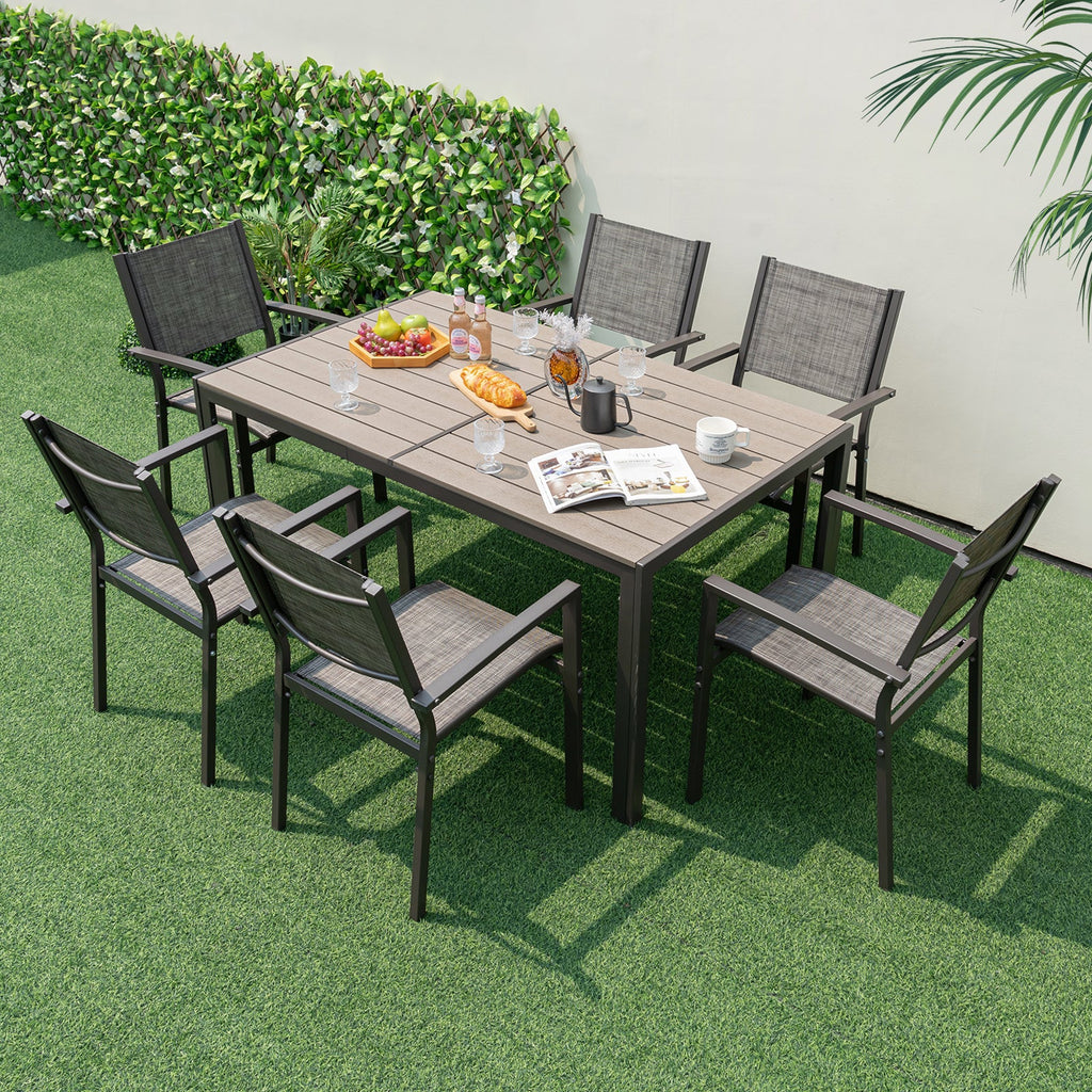 7 Piece Outdoor Dining Set with 6 Stackable Chairs and Large Rectangle Table-Gray