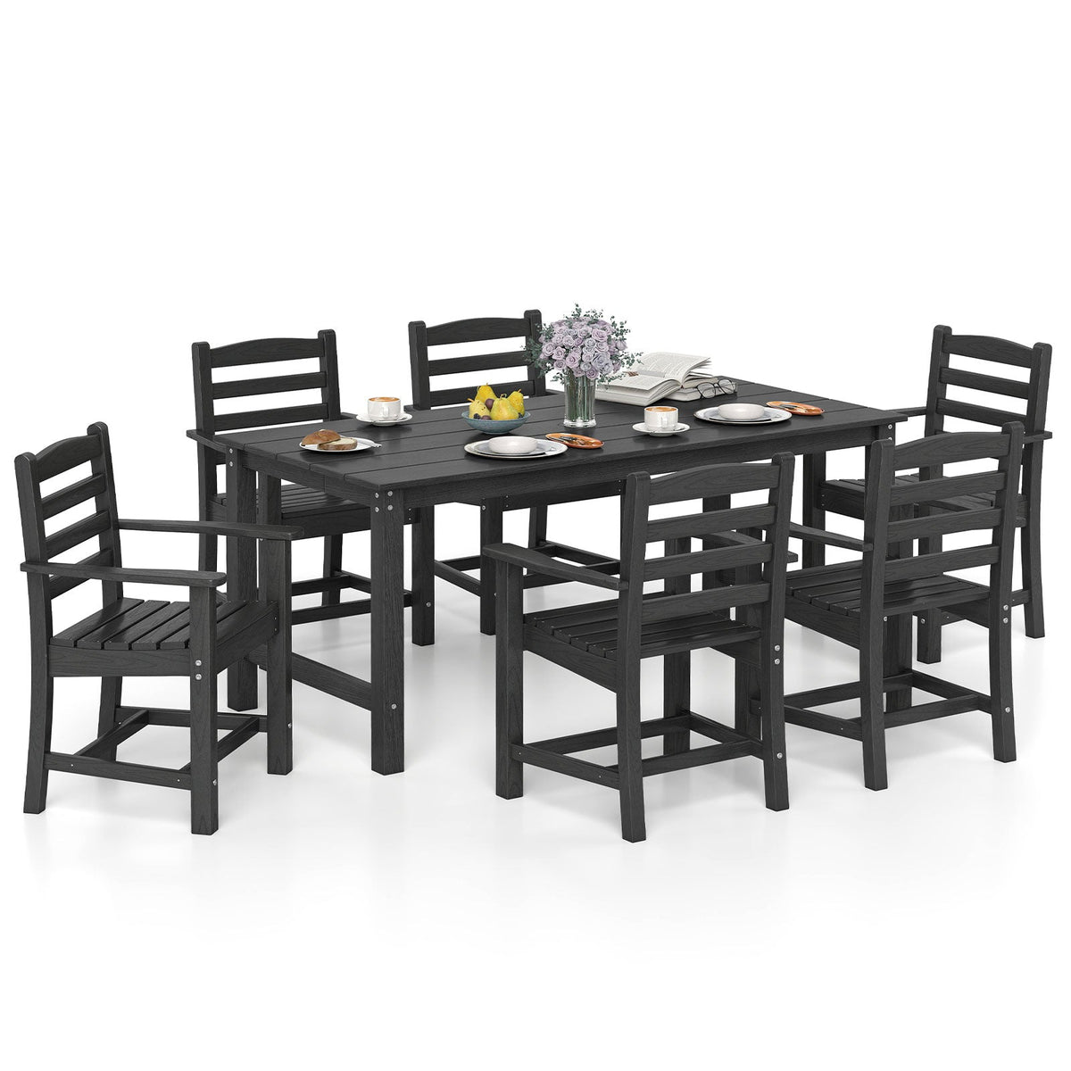 7 Pieces Outdoor Dining Table Set for 6 People 67 Inch HDPE Patio Rectangle Table and 6 Armchairs