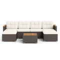 7 Pieces Wicker Conversation Set with Wood Armrests for Backyard-White