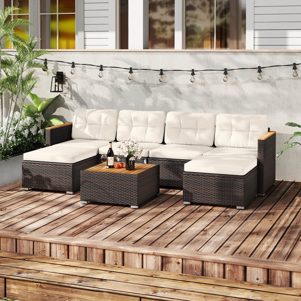 7 Pieces Wicker Conversation Set with Wood Armrests for Backyard-White