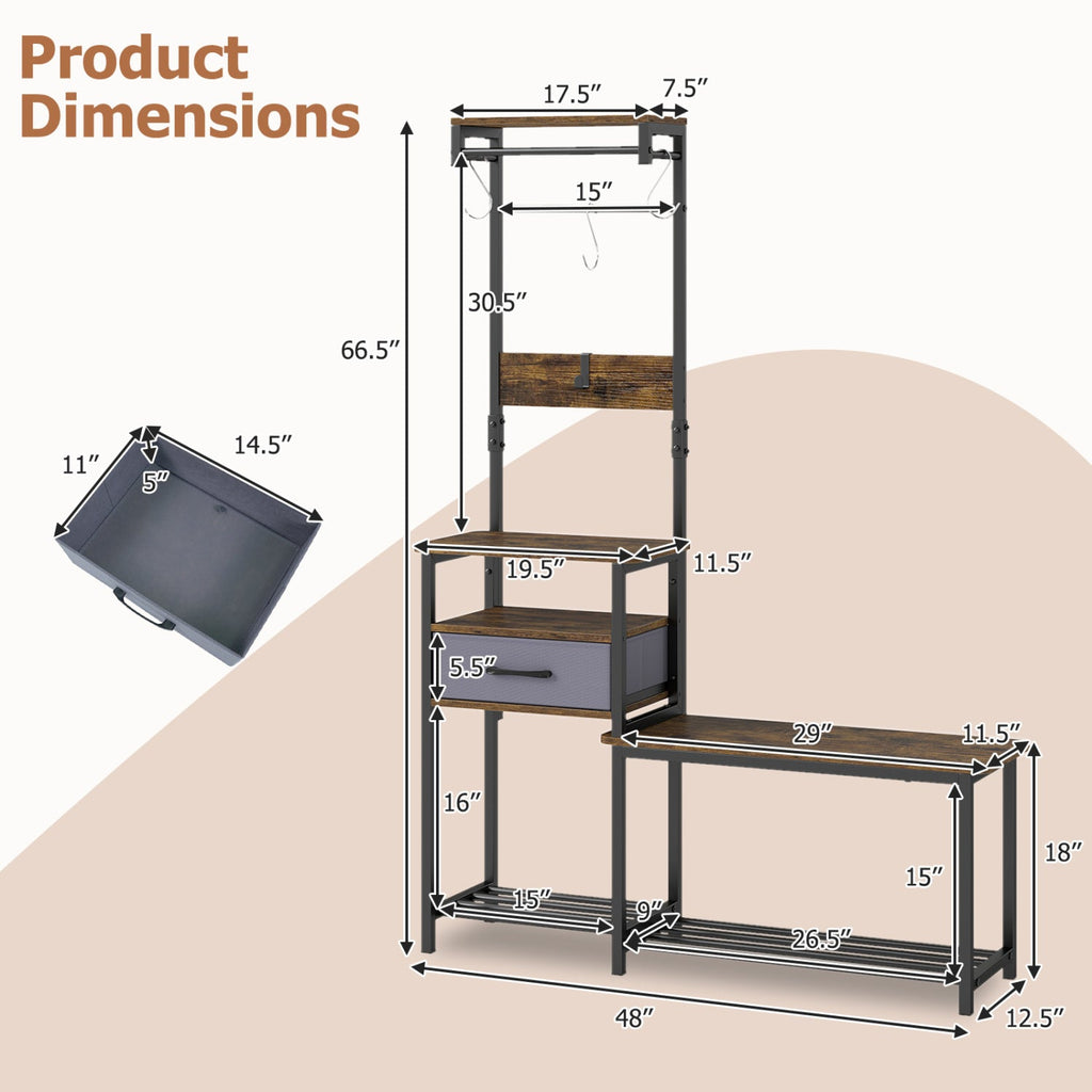 Hall Tree with Shoe Bench and Storage Hooks - Rustic Brown