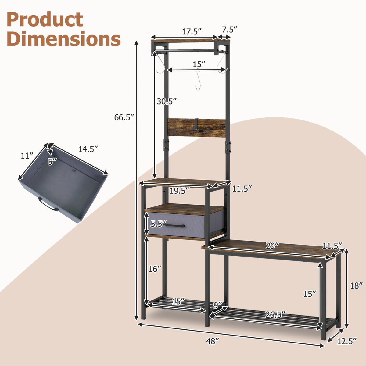 Hall Tree with Shoe Bench and Storage Hooks - Rustic Brown
