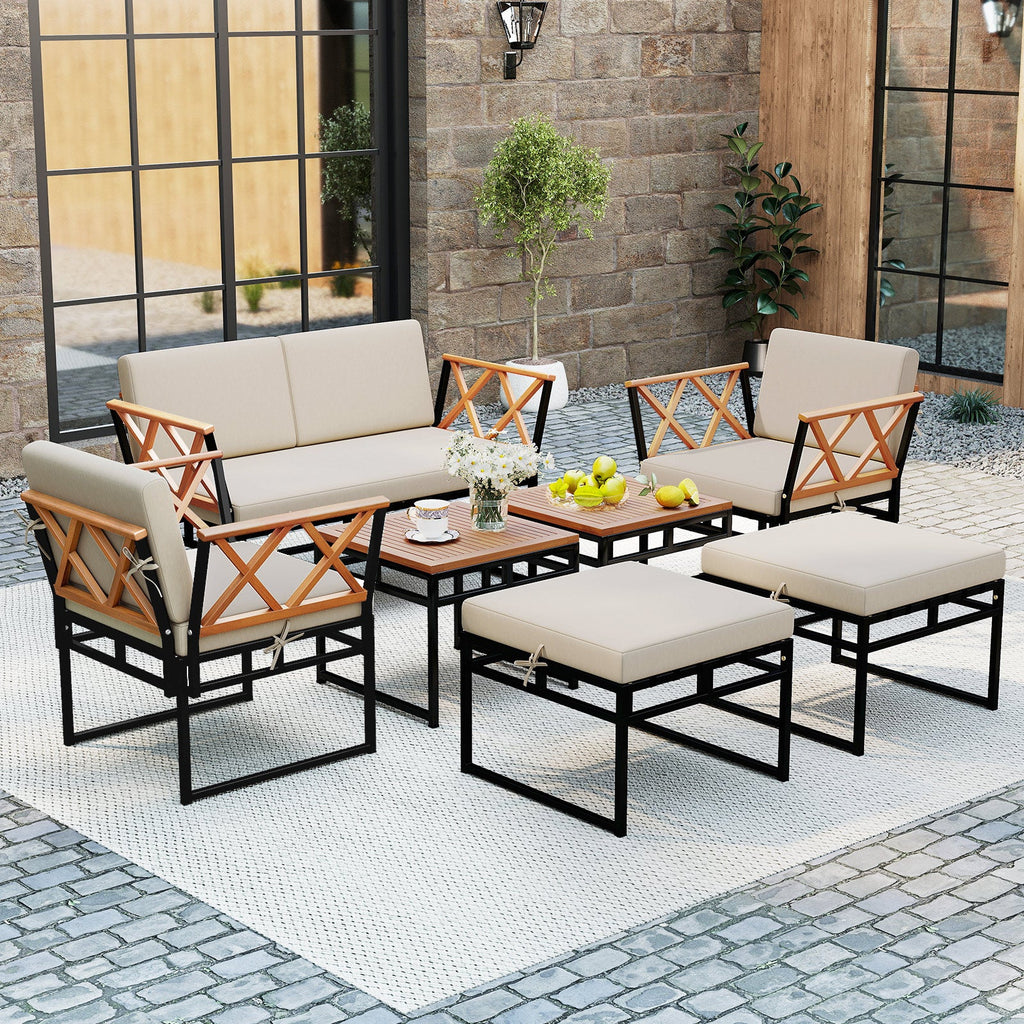 7 Piece Outdoor Conversation Set with Cushions and Bungee Rope Seat-Beige