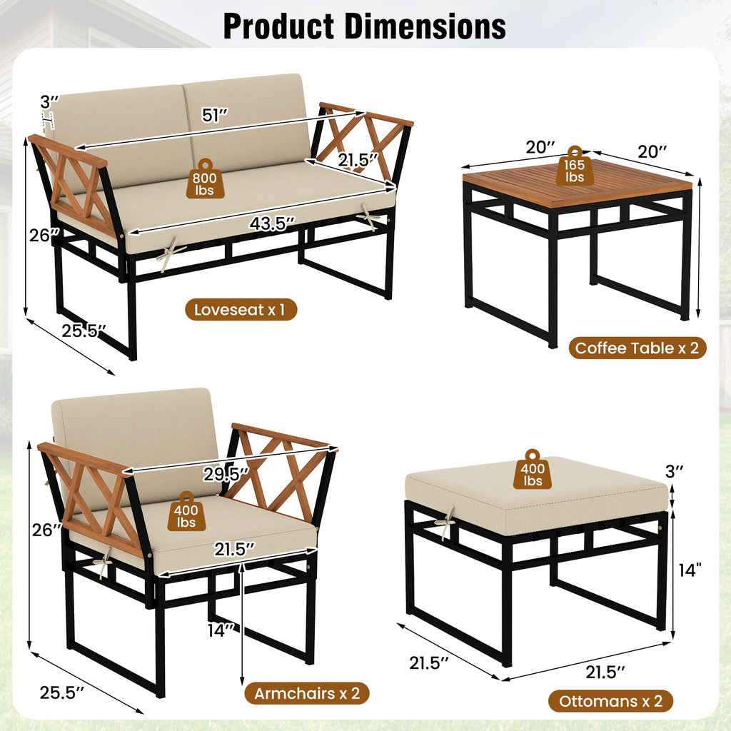 7 Piece Outdoor Conversation Set with Cushions and Bungee Rope Seat-Beige
