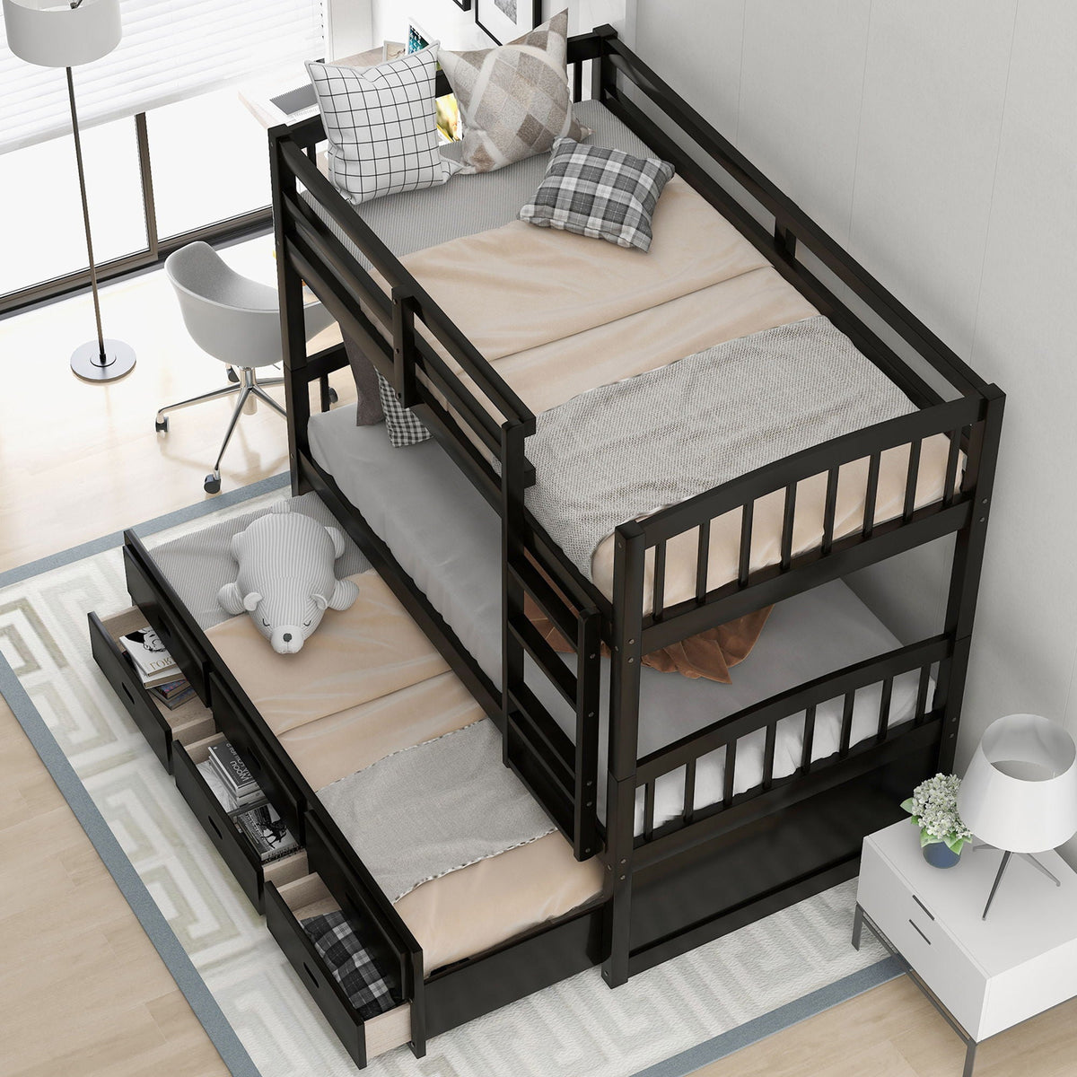 Bunk Bed With Trundle And Drawers, Arched Headboard And Footboard