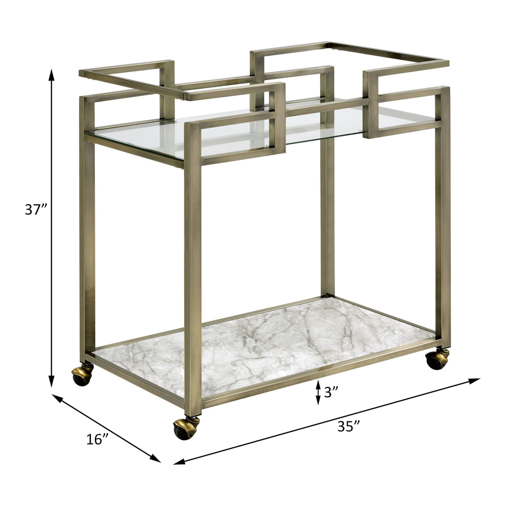 Neilo - Serving Cart - Clear Glass, Faux Marble Top & Wire Brass