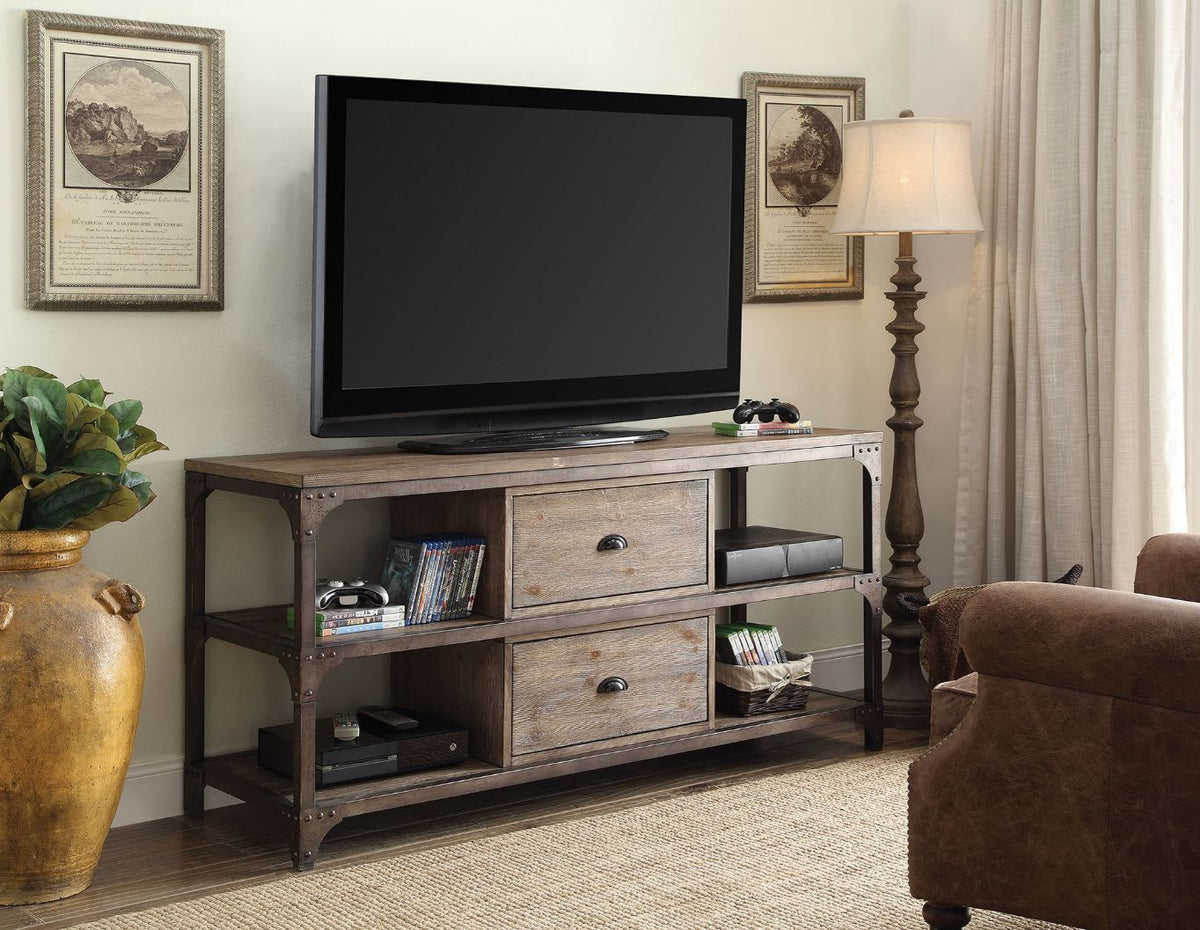 Gorden - TV Stand - Weathered Oak & Antique Silver Metal