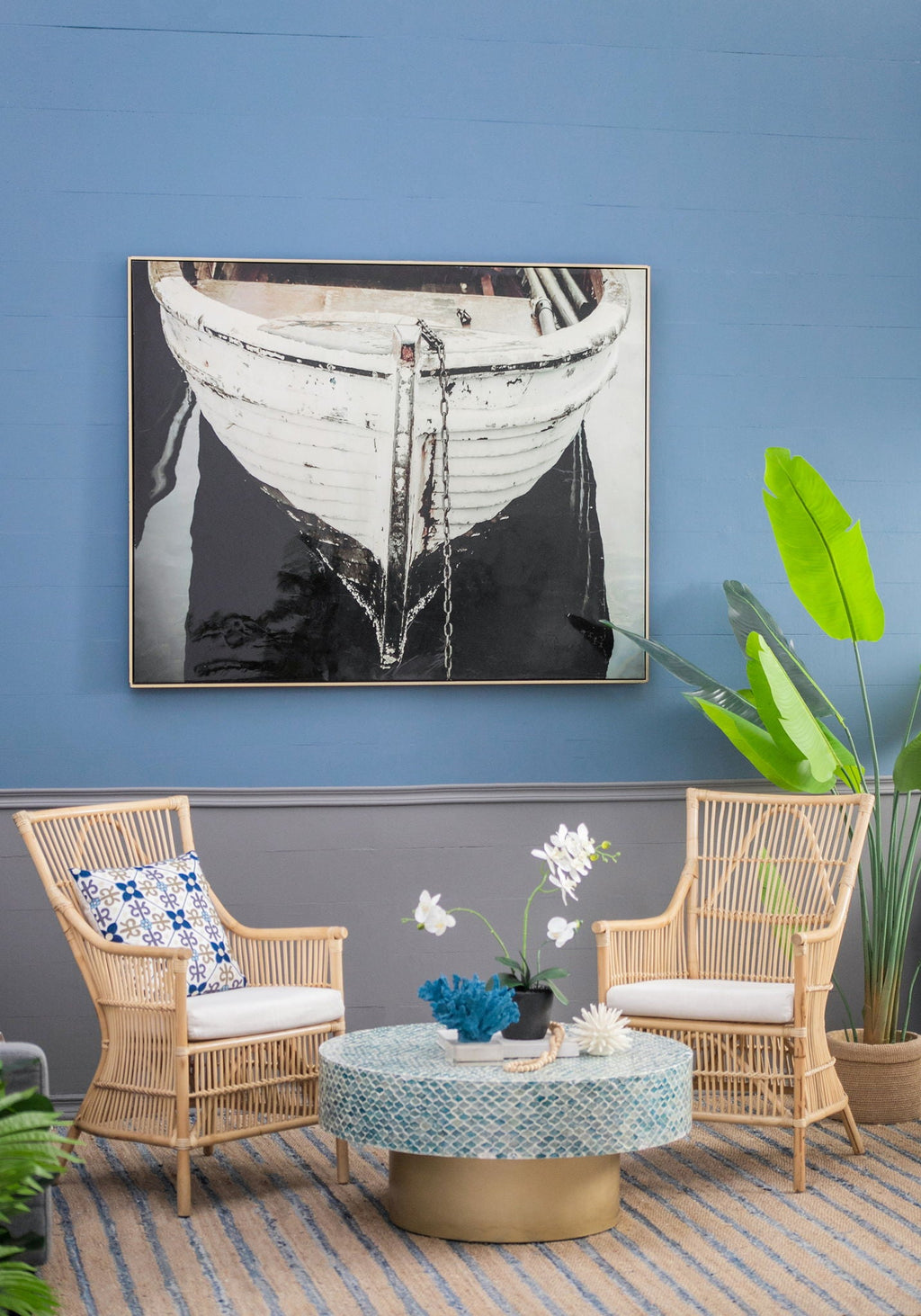 Large And Rectangular Wall Art With Frame, Wall Decor For Living Room - White / Blue