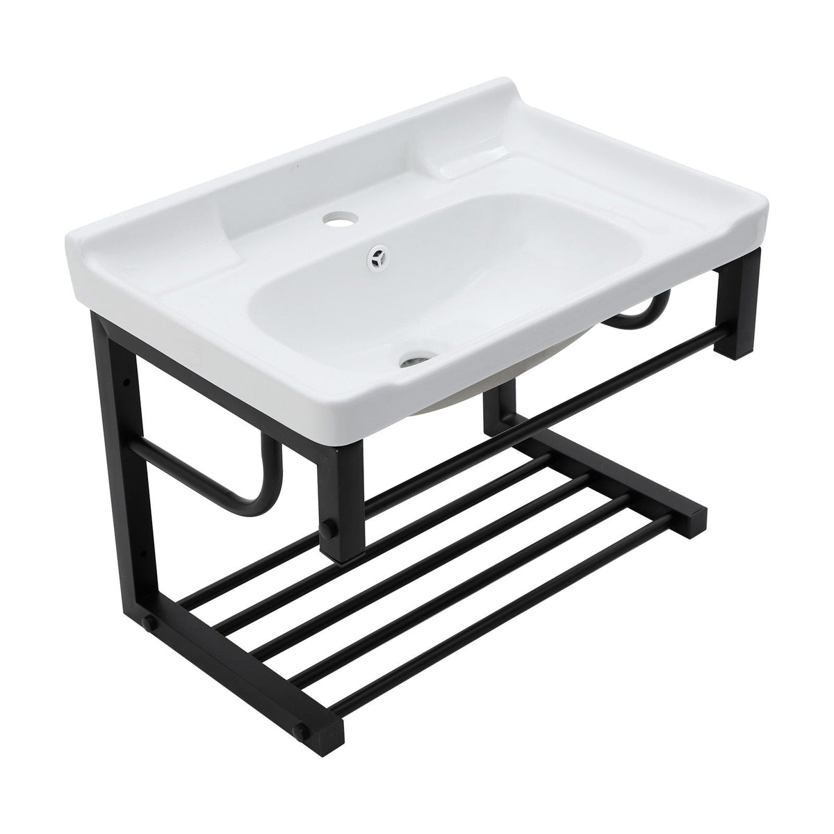 Wall Mounted Rectangular Bathroom Sink With Towel Bar & Overflow - White