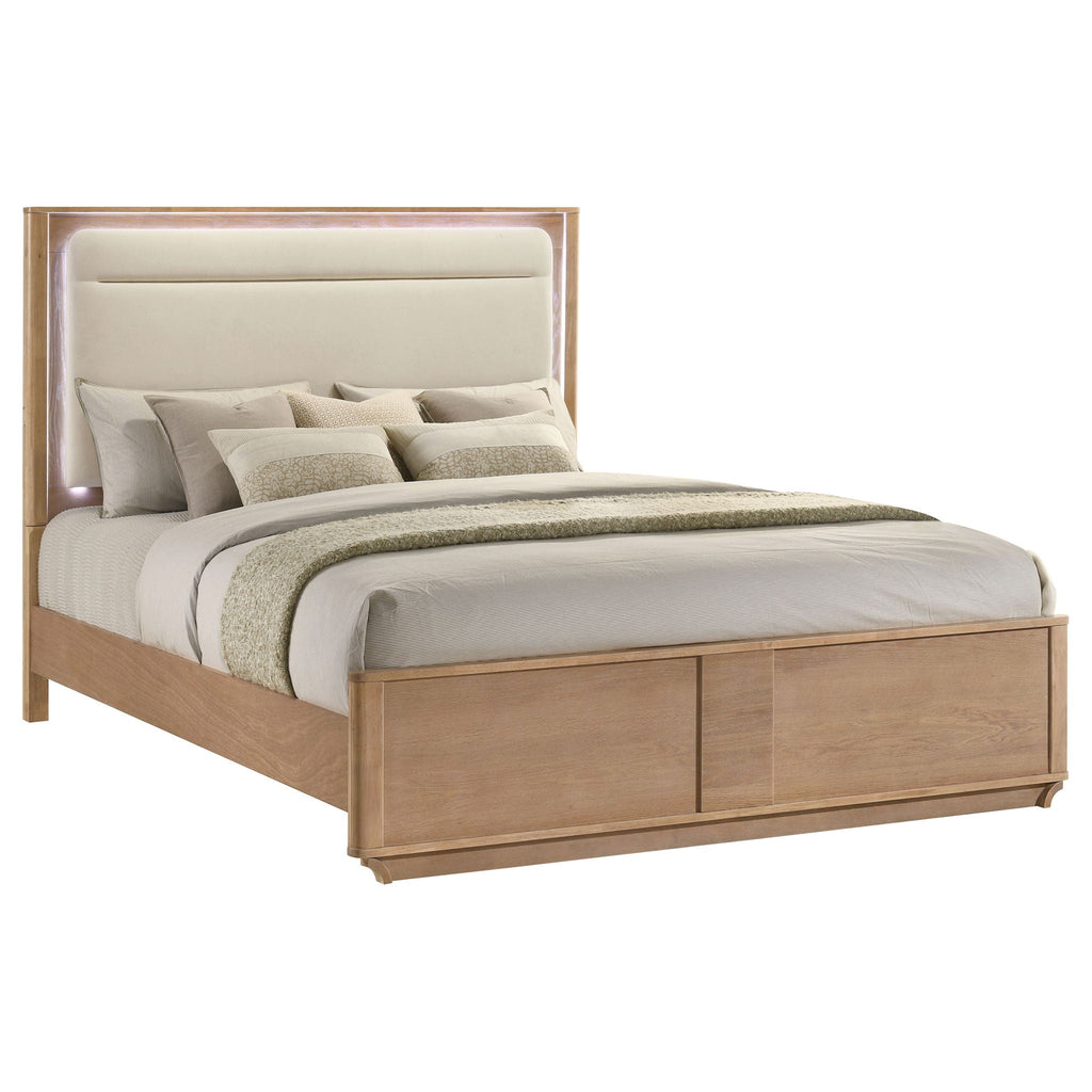 Leanne Eastern King LED Panel Bed Off White and Light Oak